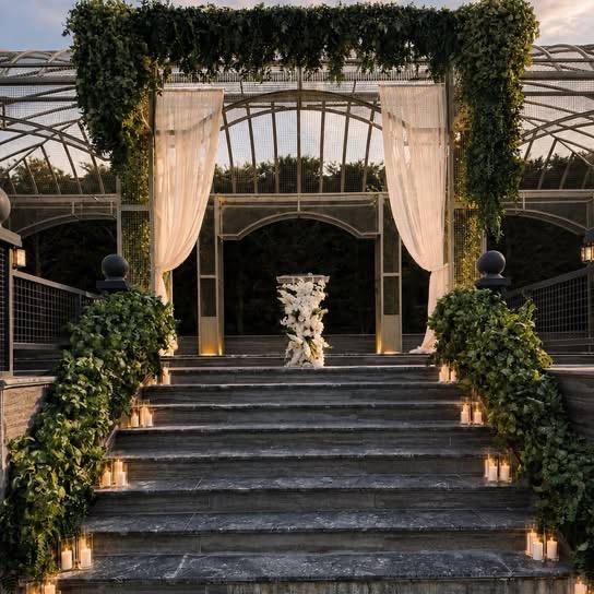 Taş merdiven ve yeşil kemerli nikah alanı